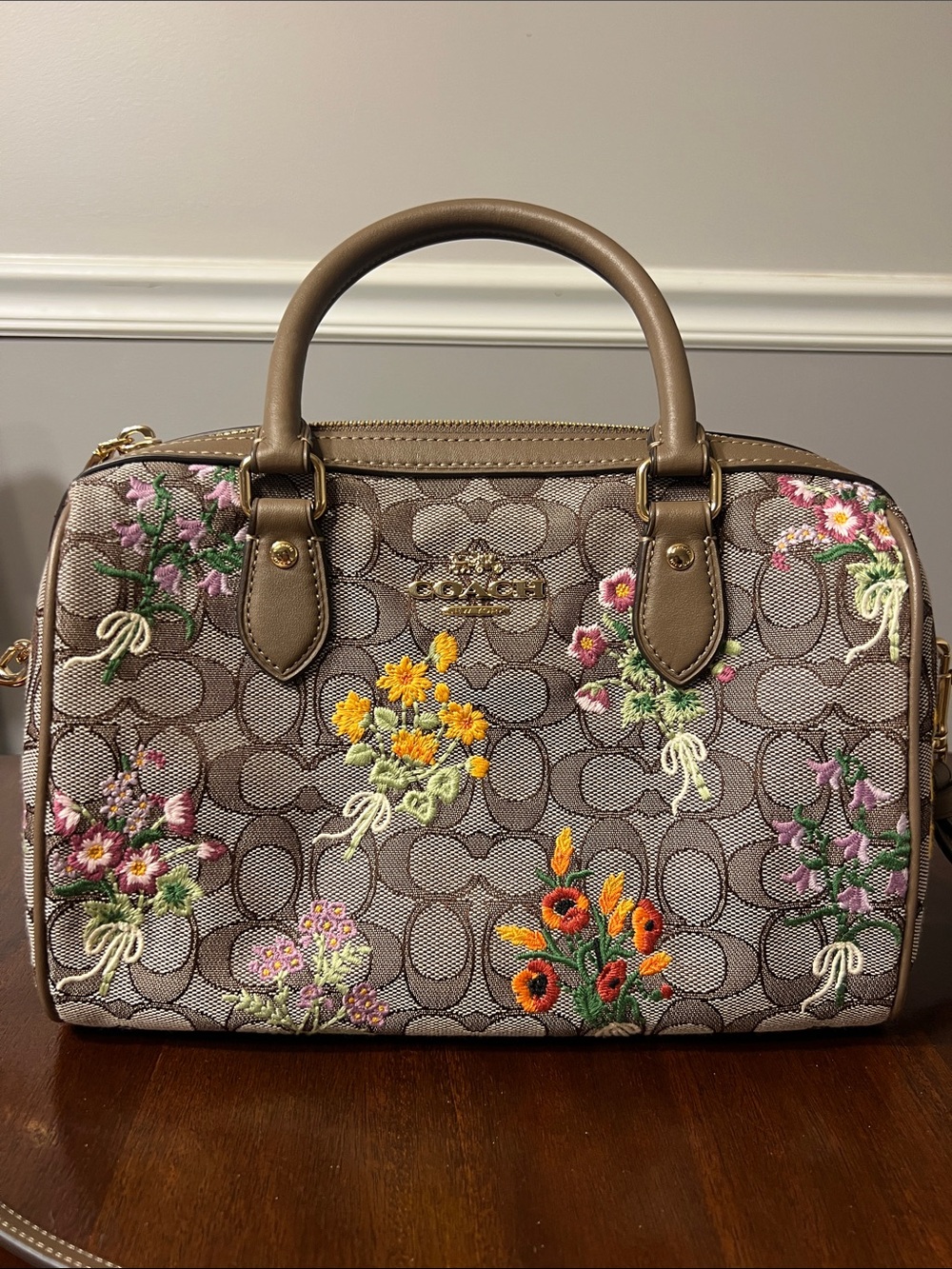 Coach Taupe Signature Floral Embroidered Satchel